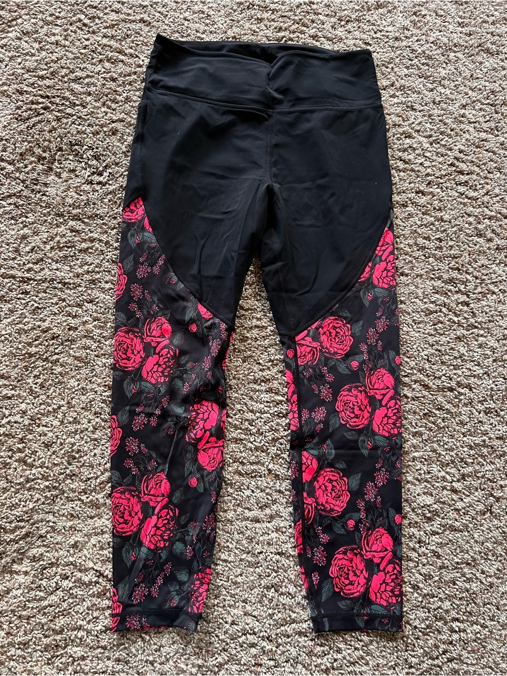 ZYIA Black Leggings with Pink Floral Panels with pockets